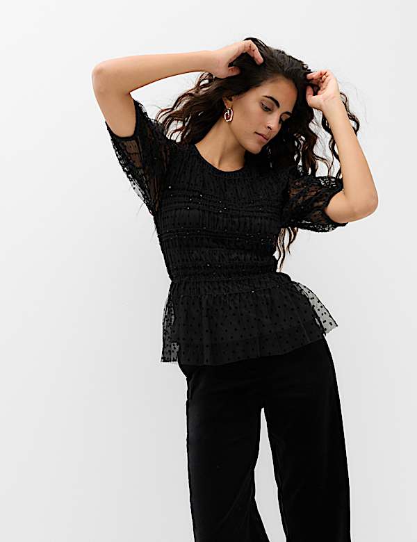 Sequin Shirred Puff Sleeve Peplum Top - KR