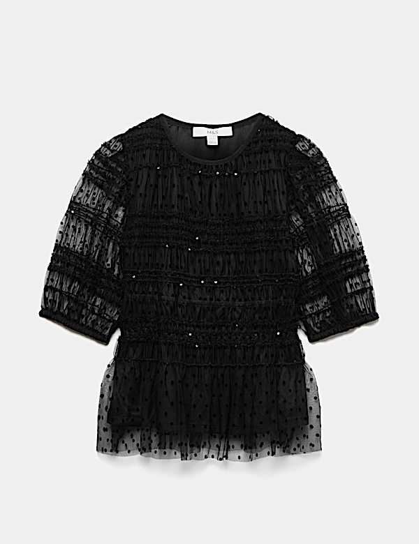 Sequin Shirred Puff Sleeve Peplum Top - KR