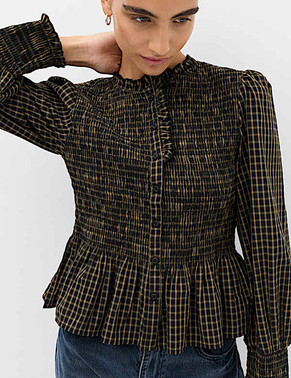 Pure Cotton Checked Frill Shirred Peplum Shirt - TW