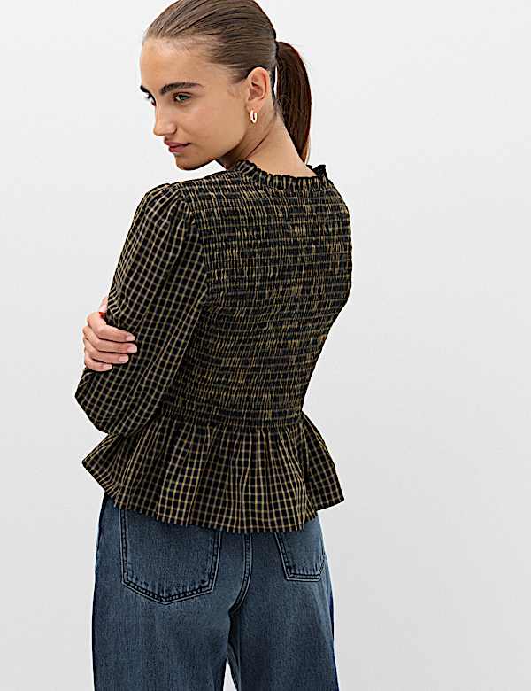 Pure Cotton Checked Frill Shirred Peplum Shirt - TW