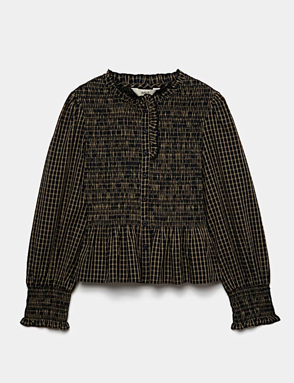 Pure Cotton Checked Frill Shirred Peplum Shirt - TW
