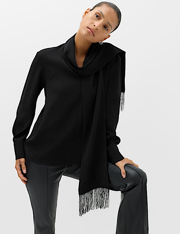 V Neck Scarf Detail Fringed Top - MV