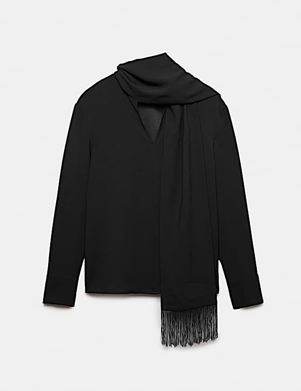 V Neck Scarf Detail Fringed Top - MV