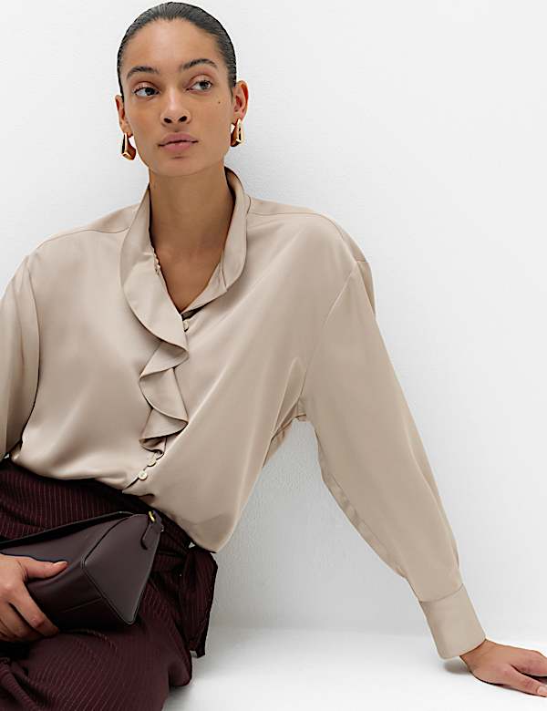 Satin Ruffle High Neck Shirt - VN