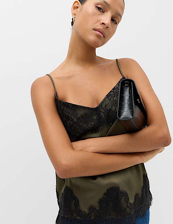 Satin V Neck Lace Insert Longline Cami Top - NZ