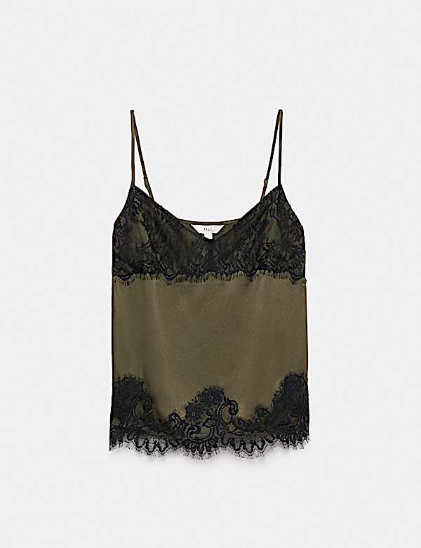 Satin V Neck Lace Insert Longline Cami Top - NZ