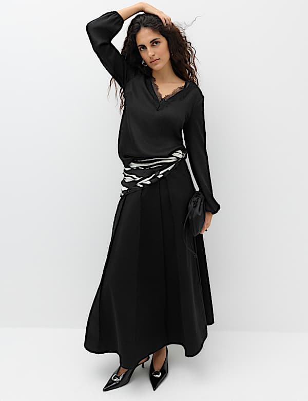 Satin V Neck Lace Detail Top - MX