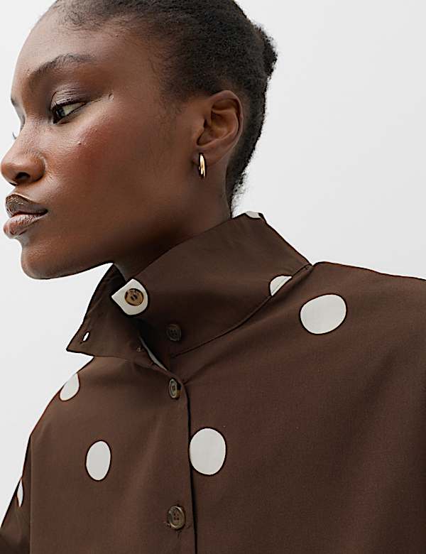 Pure Cotton Polka Dot Funnel Neck Drawstring Shirt - CY