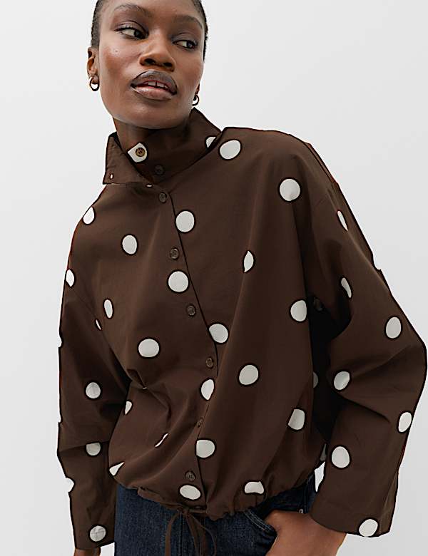 Pure Cotton Polka Dot Funnel Neck Drawstring Shirt - CY