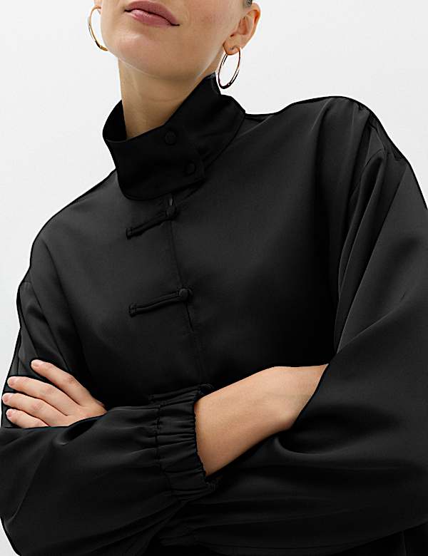 Satin Funnel Neck Button Detail Shirt - JP