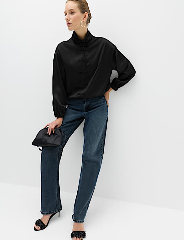 Satin Funnel Neck Button Detail Shirt - JP
