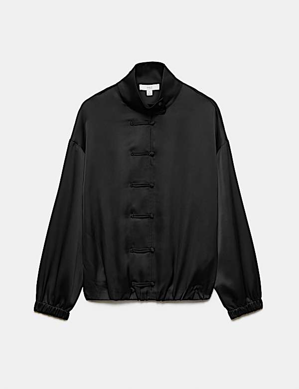 Satin Funnel Neck Button Detail Shirt - JP