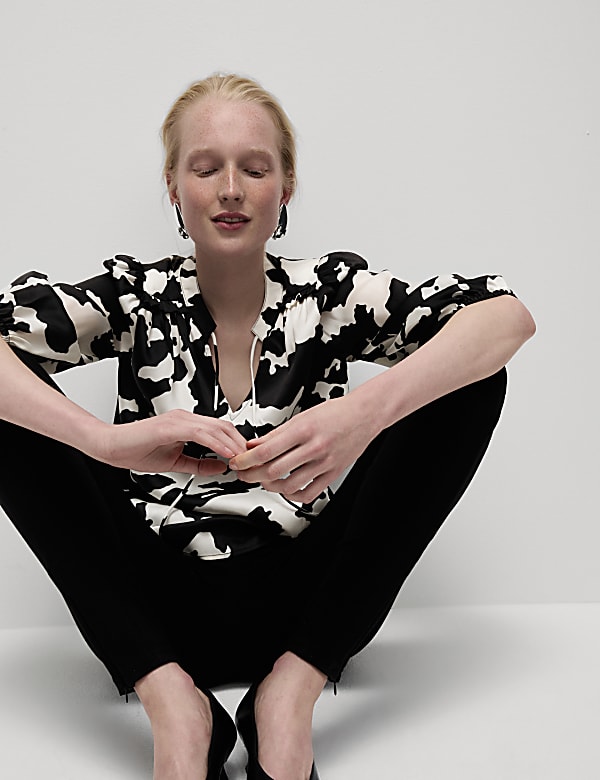 Printed Tie Neck Popover Blouse - MV