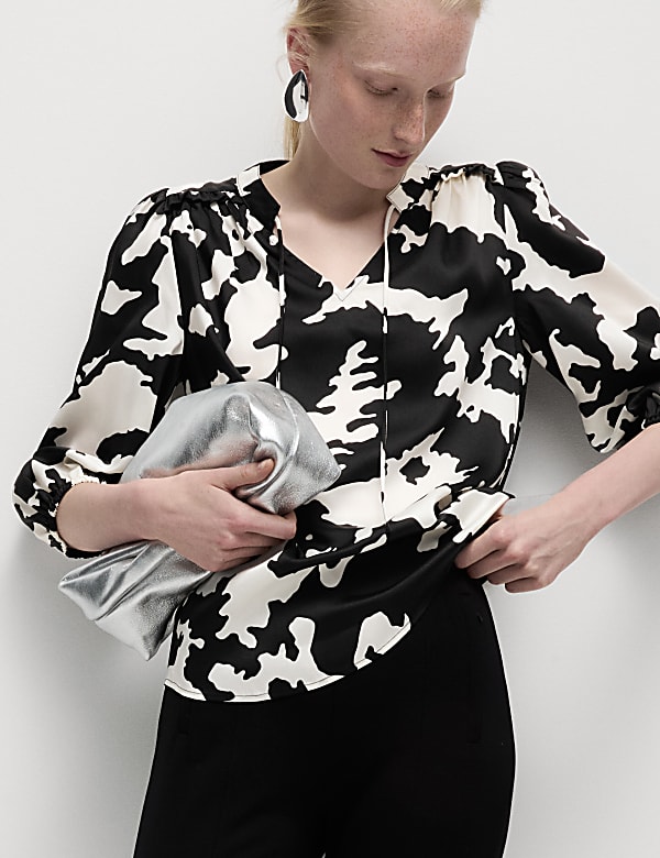 Printed Tie Neck Popover Blouse