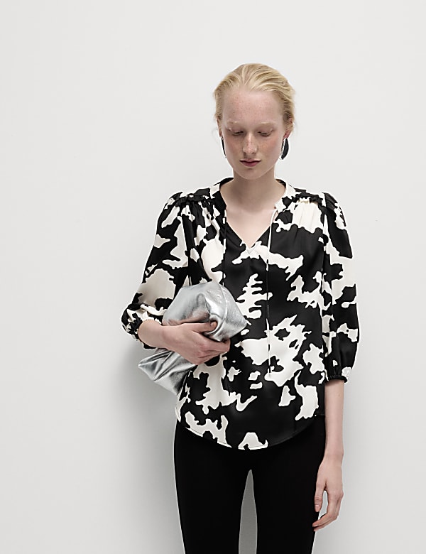 Printed Tie Neck Popover Blouse