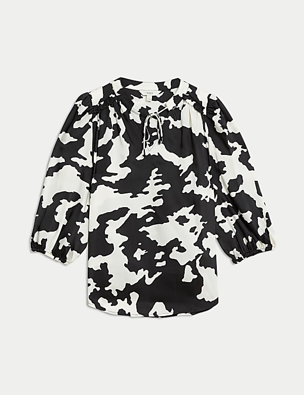 Printed Tie Neck Popover Blouse - KR