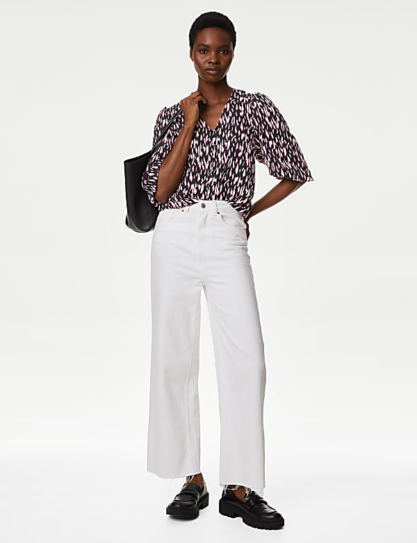Floral V-Neck Button Detail Blouse - GR