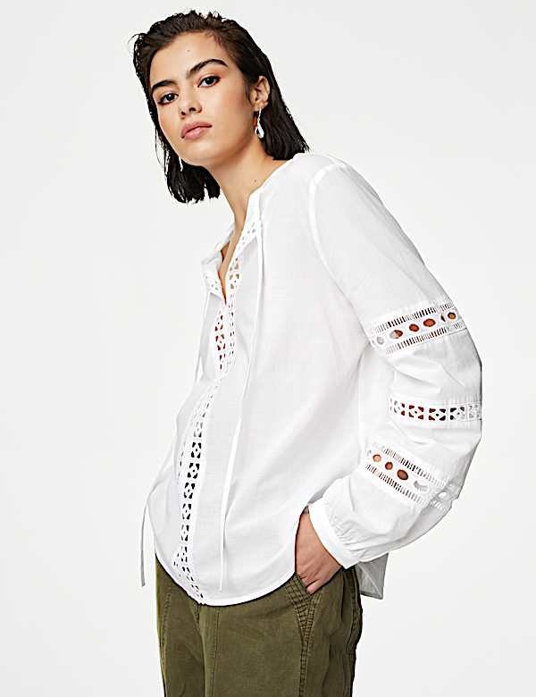 Pure Cotton Broderie Tie Neck Blouse