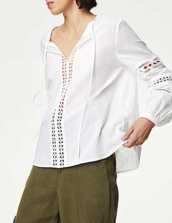 Pure Cotton Broderie Tie Neck Blouse