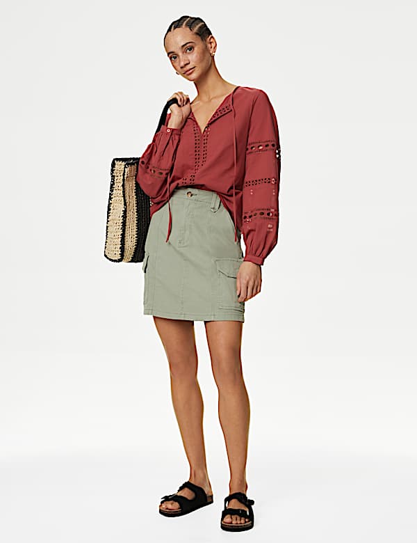 Pure Cotton Broderie Tie Neck Blouse