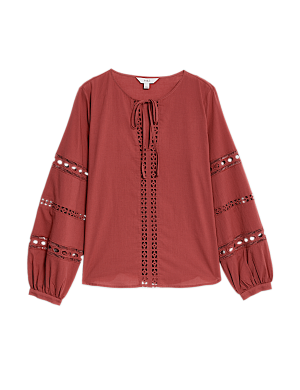 Pure Cotton Broderie Tie Neck Blouse