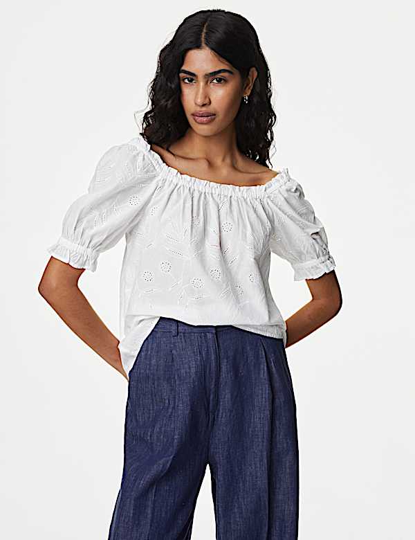 Pure Cotton Broderie Square Neck Top