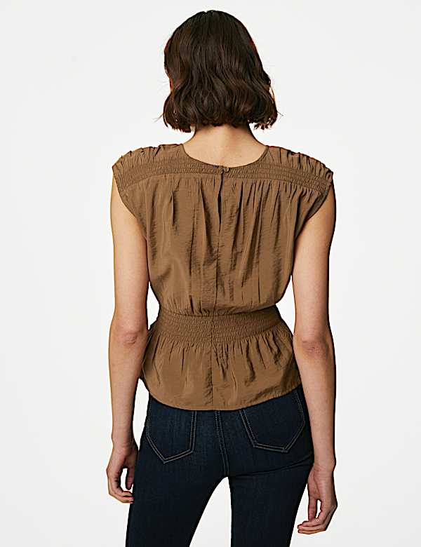 Crew Neck Smocked Shirred Detail Blouse