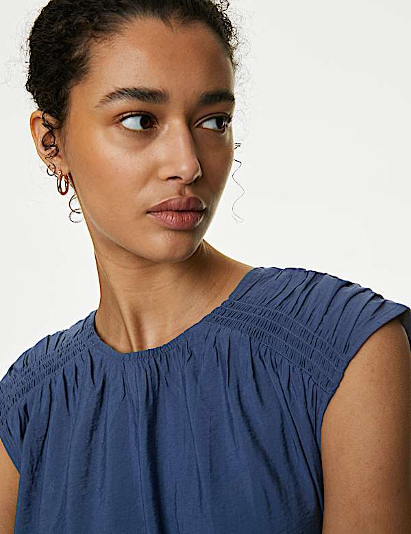 Crew Neck Smocked Shirred Detail Blouse