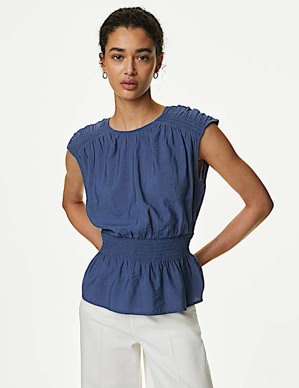 Crew Neck Smocked Shirred Detail Blouse