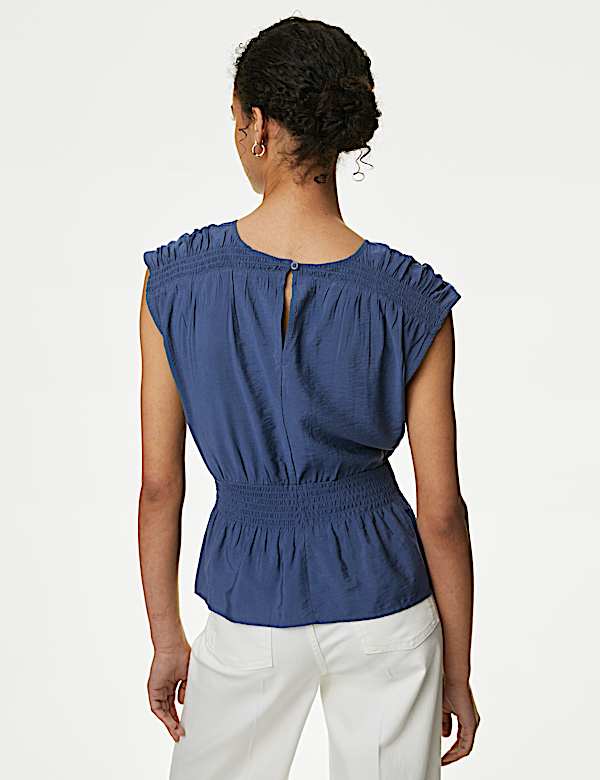 Crew Neck Smocked Shirred Detail Blouse