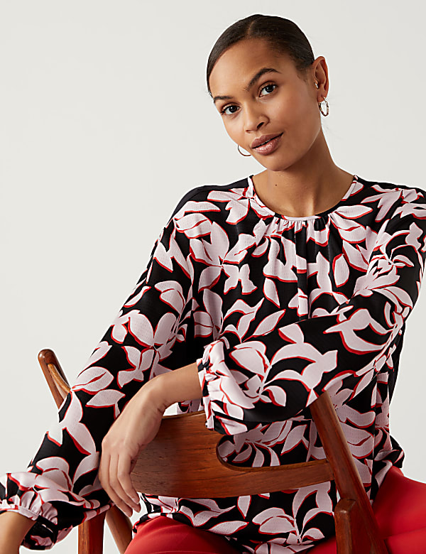 Leaf Print Gathered Neck Blouson Sleeve Top