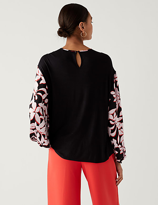 Leaf Print Gathered Neck Blouson Sleeve Top