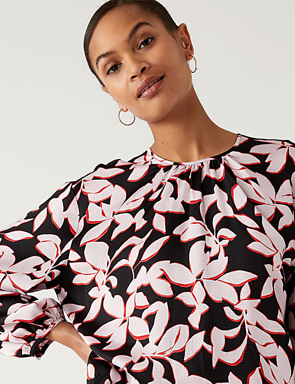 Leaf Print Gathered Neck Blouson Sleeve Top