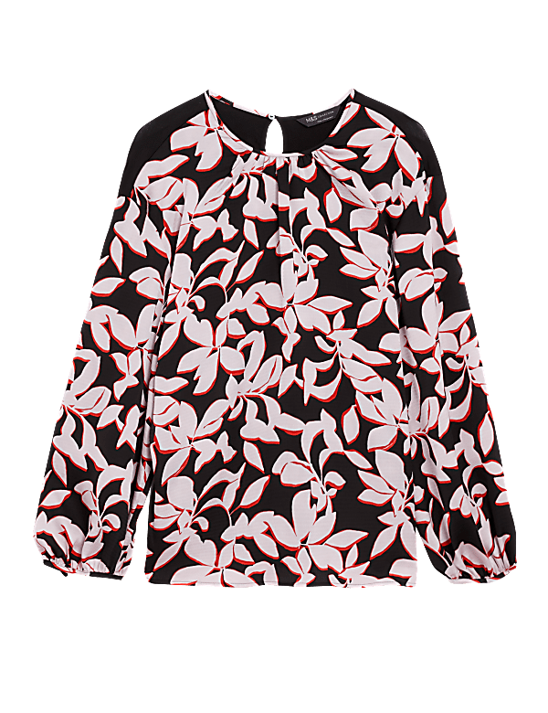 Leaf Print Gathered Neck Blouson Sleeve Top