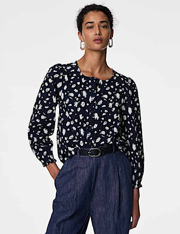 Printed Crew Neck Button Through Blouse