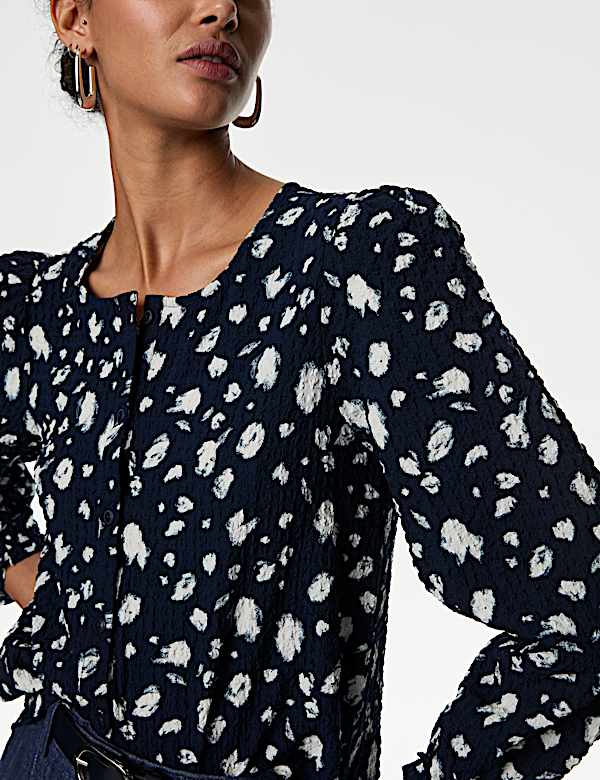 Printed Crew Neck Button Through Blouse