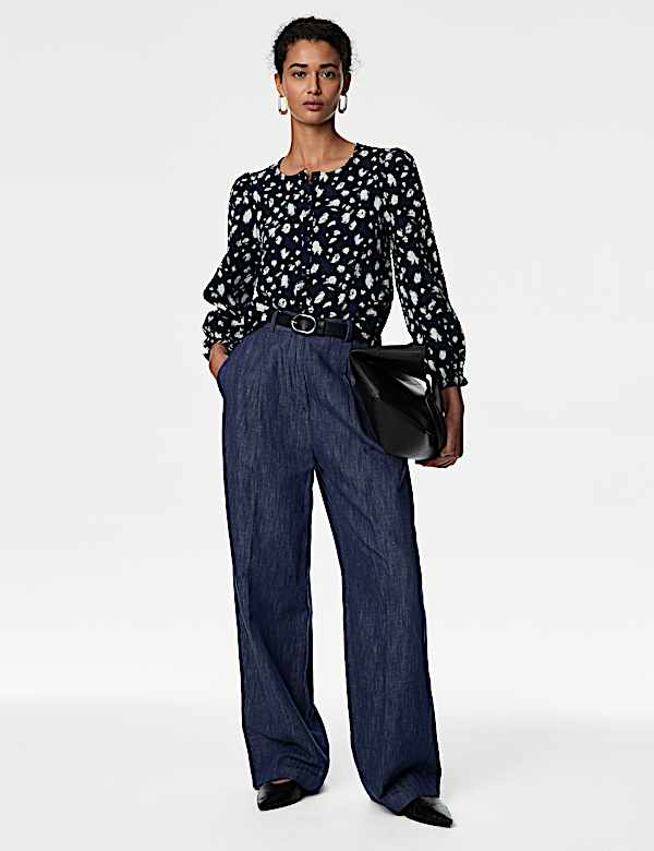 Printed Crew Neck Button Through Blouse