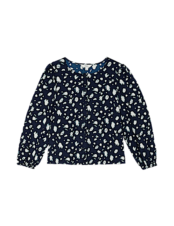 Printed Crew Neck Button Through Blouse