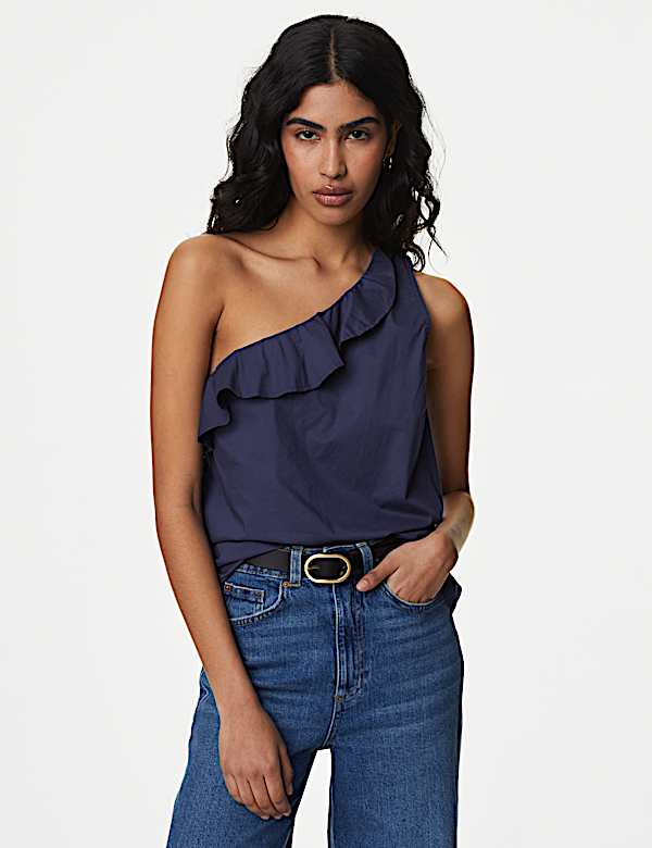 Pure Cotton One Shoulder Frill Detail Blouse