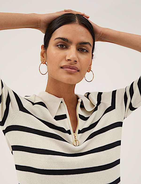 Striped Ribbed Collared Fitted Top - BE