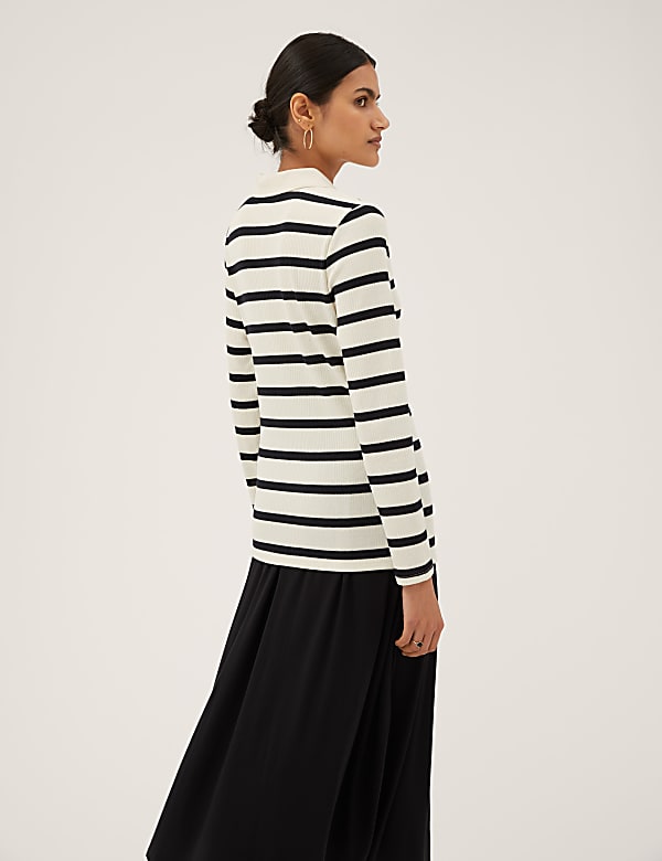 Striped Ribbed Collared Fitted Top