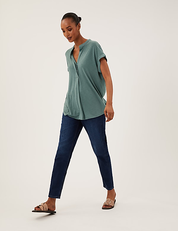Jersey V-Neck Short Sleeve Popover Blouse
