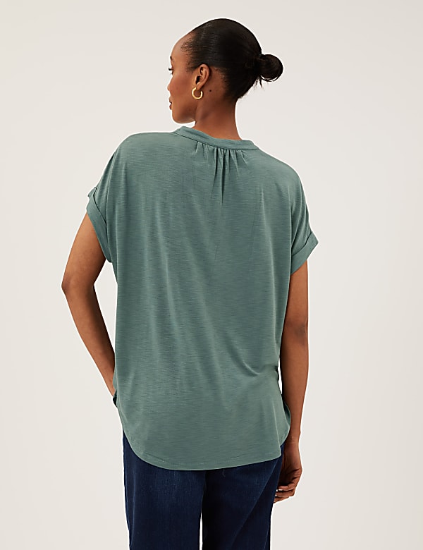 Jersey V-Neck Short Sleeve Popover Blouse