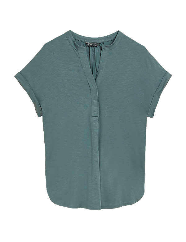 Jersey V-Neck Short Sleeve Popover Blouse