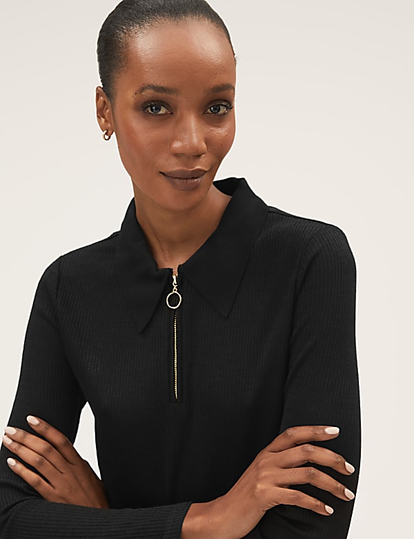 Ribbed Collared Fitted Long Sleeve Top