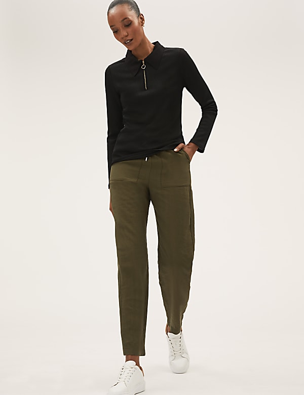 Ribbed Collared Fitted Long Sleeve Top