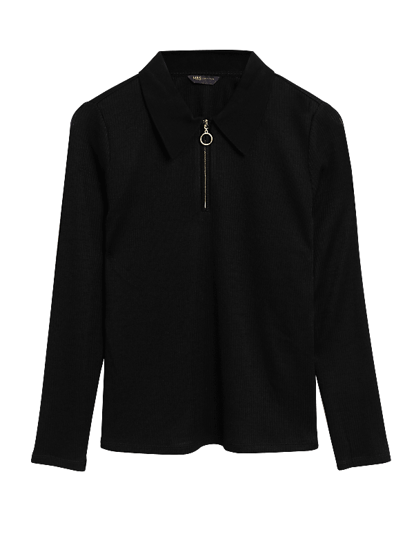 Ribbed Collared Fitted Long Sleeve Top