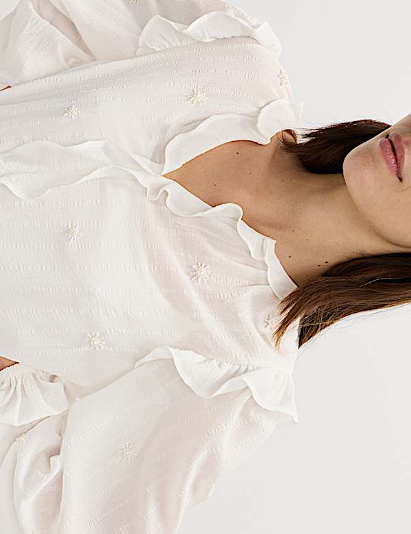 Embellished V-Neck Ruffle Long Sleeve Blouse