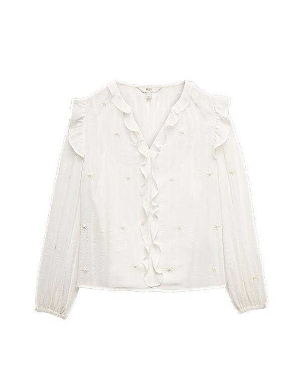 Embellished V-Neck Ruffle Long Sleeve Blouse