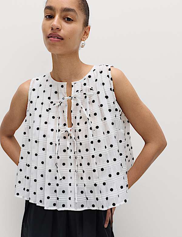 Lyocell Blend Polka Dot Tie Front Top | WHITE | Tops | M&S JE